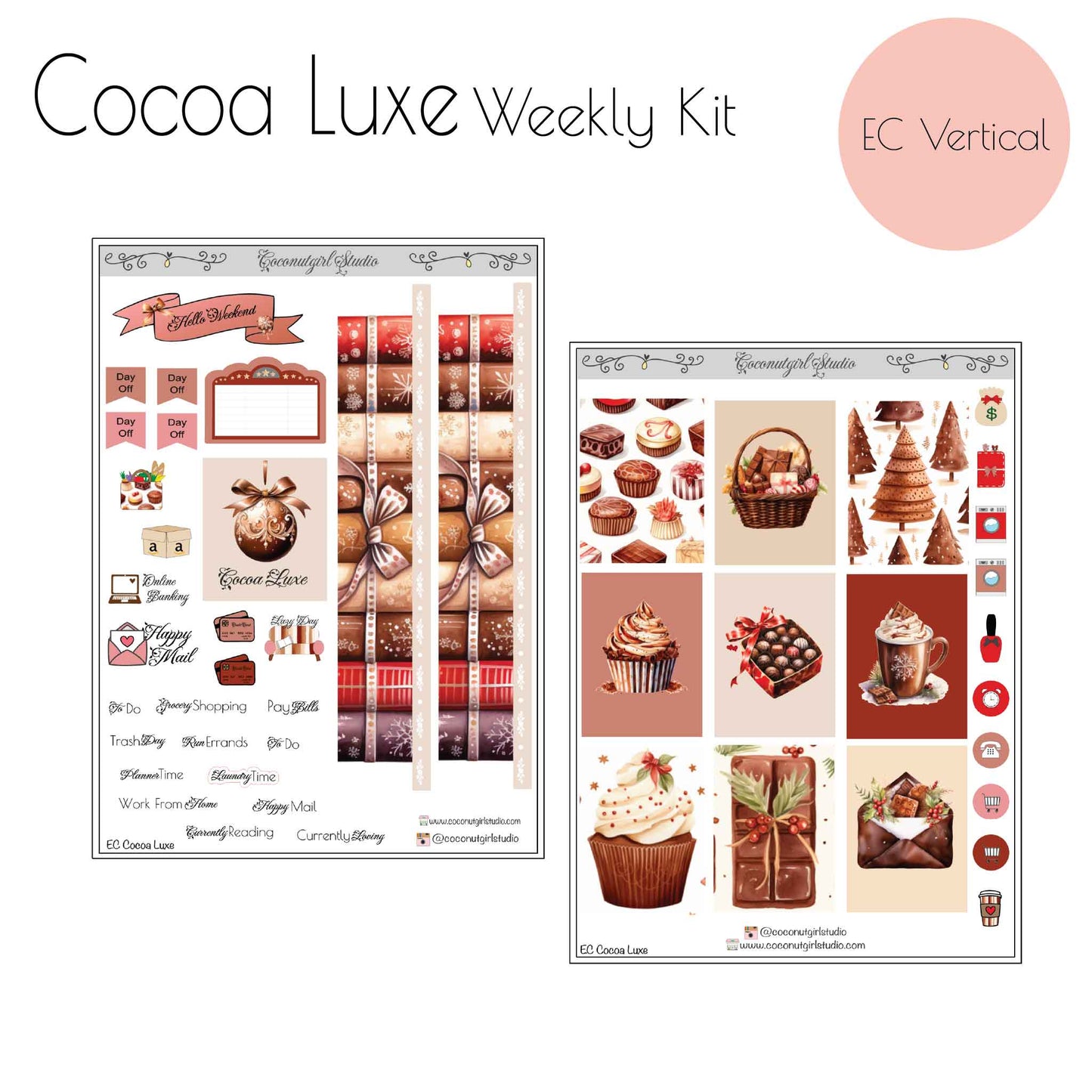 Chocolate Weekly Kit Planner Stickers | Cocoa Brown Planner Stickers | Cozy Dessert Theme Weekly Planner Kit | Cocoa Luxe