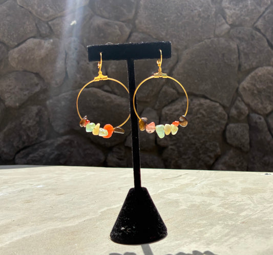 Brass Hoop Earrings – Autumn Gemstone Beads – Handmade
