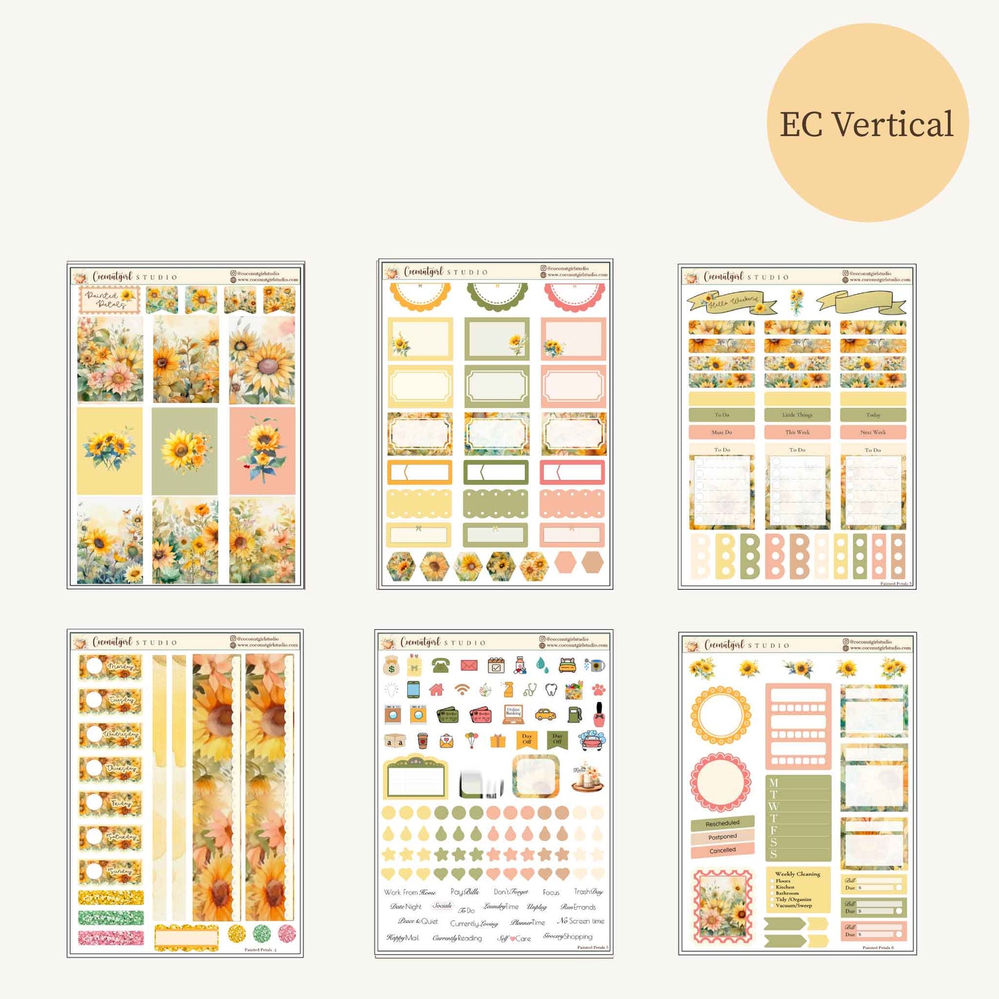 Painted Petals Planner Sticker Kit | Sunflower Weekly Stickers | EC Vertical, Hobonichi Cousin, Weeks & A6 Techo