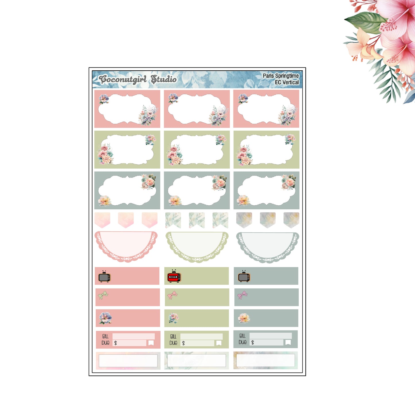 Paris Springtime pastel floral planner stickers