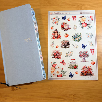 Apple Blossom Garden Decorative Sticker Sheet | Floral Planner Stickers on Clear Matte Sticker Paper