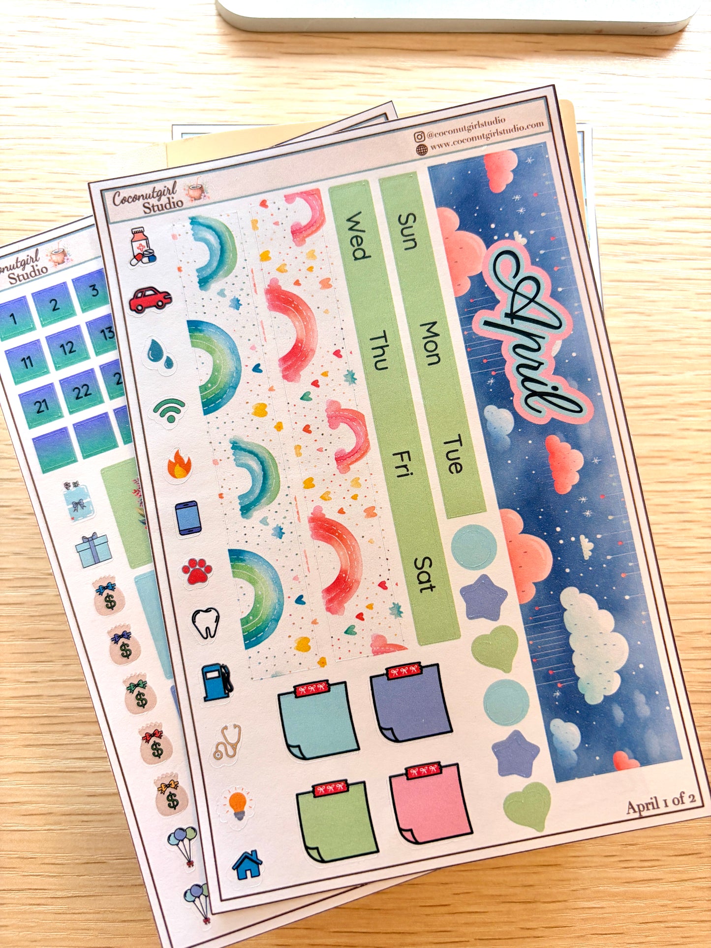 April Monthly Overview Sticker Kit | Spring Rainbows Planner Stickers | Cloud & Rain Weekly Header Kit | EC Vertical Monthly Kit | April Planner Stickers
