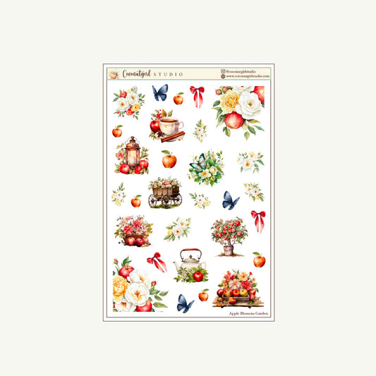 Apple Blossom Garden Decorative Sticker Sheet | Floral Planner Stickers on Clear Matte Sticker Paper