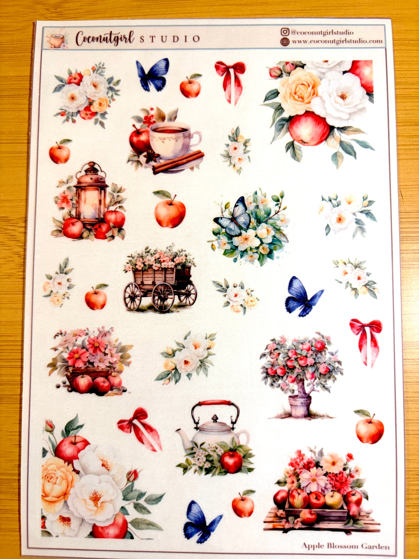 Apple Blossom Garden Decorative Sticker Sheet | Floral Planner Stickers on Clear Matte Sticker Paper