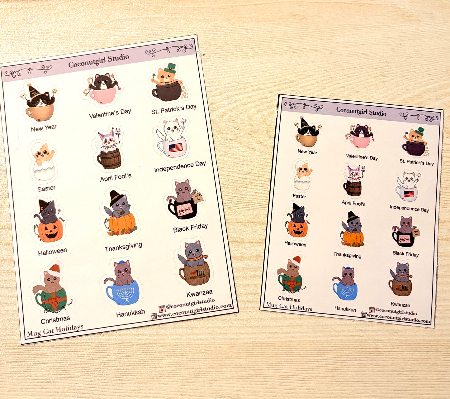Holiday Coffee Mug Cat Planner Stickers | Hand Drawn Cat Icons | Christmas Halloween Valentine’s Day | Half Sheet Mini