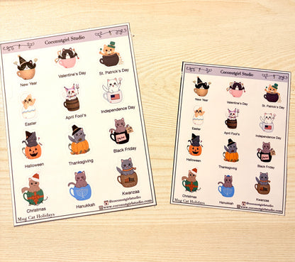 Holiday Coffee Mug Cat Planner Stickers | Hand Drawn Cat Icons | Christmas Halloween Valentine’s Day | Half Sheet Mini