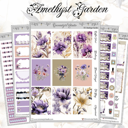 Amethyst Garden Weekly Kit Planner Stickers | Purple Crystal Floral Planning