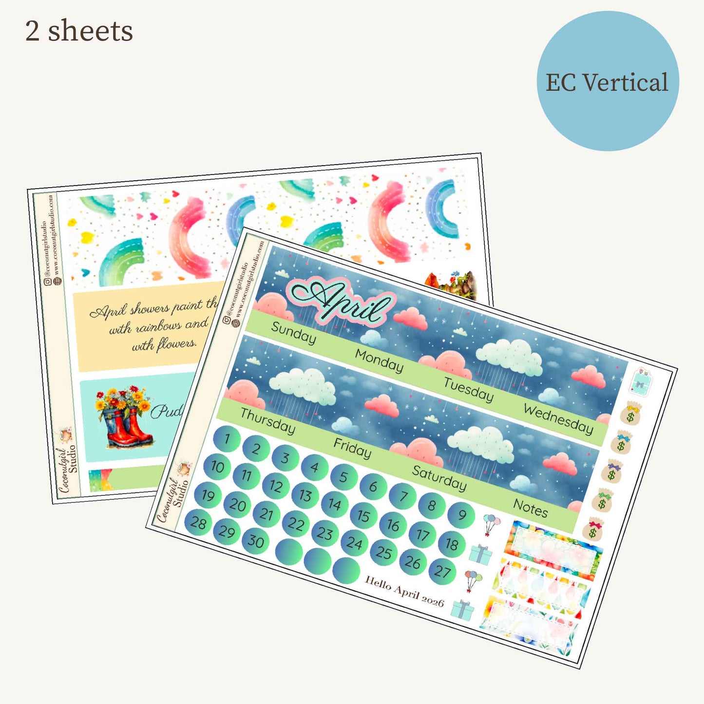 April Monthly Overview Sticker Kit | Spring Rainbows Planner Stickers | Cloud & Rain Weekly Header Kit | EC Vertical Monthly Kit | April Planner Stickers
