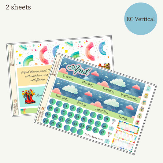 April Monthly Overview Sticker Kit | Spring Rainbows Planner Stickers | Cloud & Rain Weekly Header Kit | EC Vertical Monthly Kit | April Planner Stickers