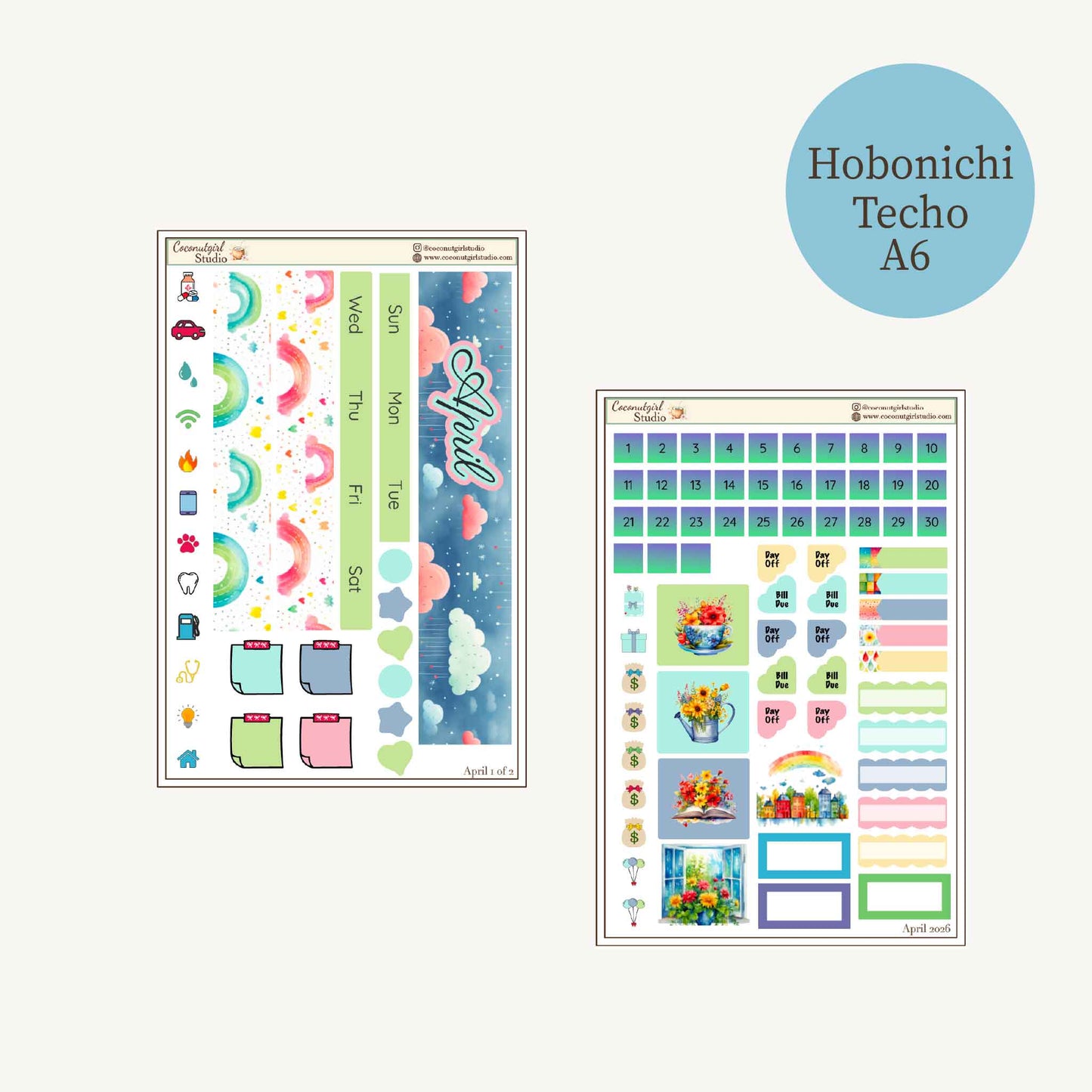 April Monthly Overview Sticker Kit | Spring Rainbows Planner Stickers | Cloud & Rain Weekly Header Kit | EC Vertical Monthly Kit | April Planner Stickers