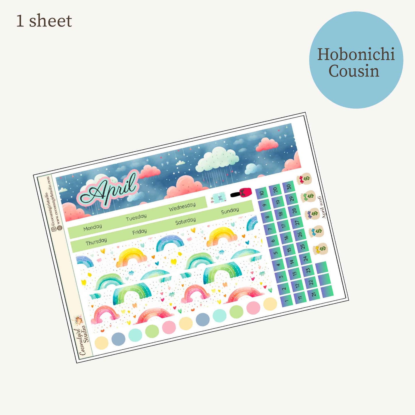 April Monthly Overview Sticker Kit | Spring Rainbows Planner Stickers | Cloud & Rain Weekly Header Kit | EC Vertical Monthly Kit | April Planner Stickers