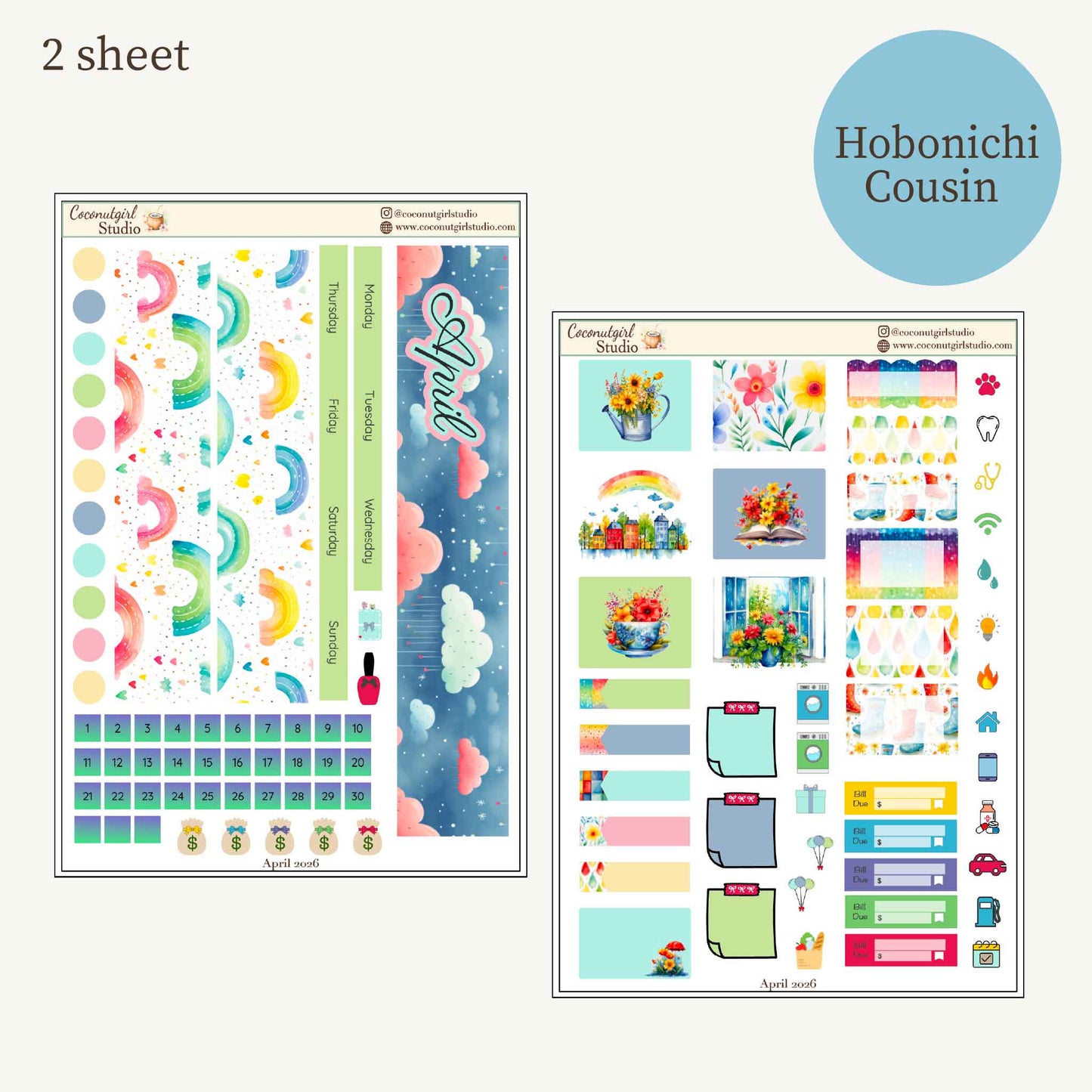 April Monthly Overview Sticker Kit | Spring Rainbows Planner Stickers | Cloud & Rain Weekly Header Kit | EC Vertical Monthly Kit | April Planner Stickers