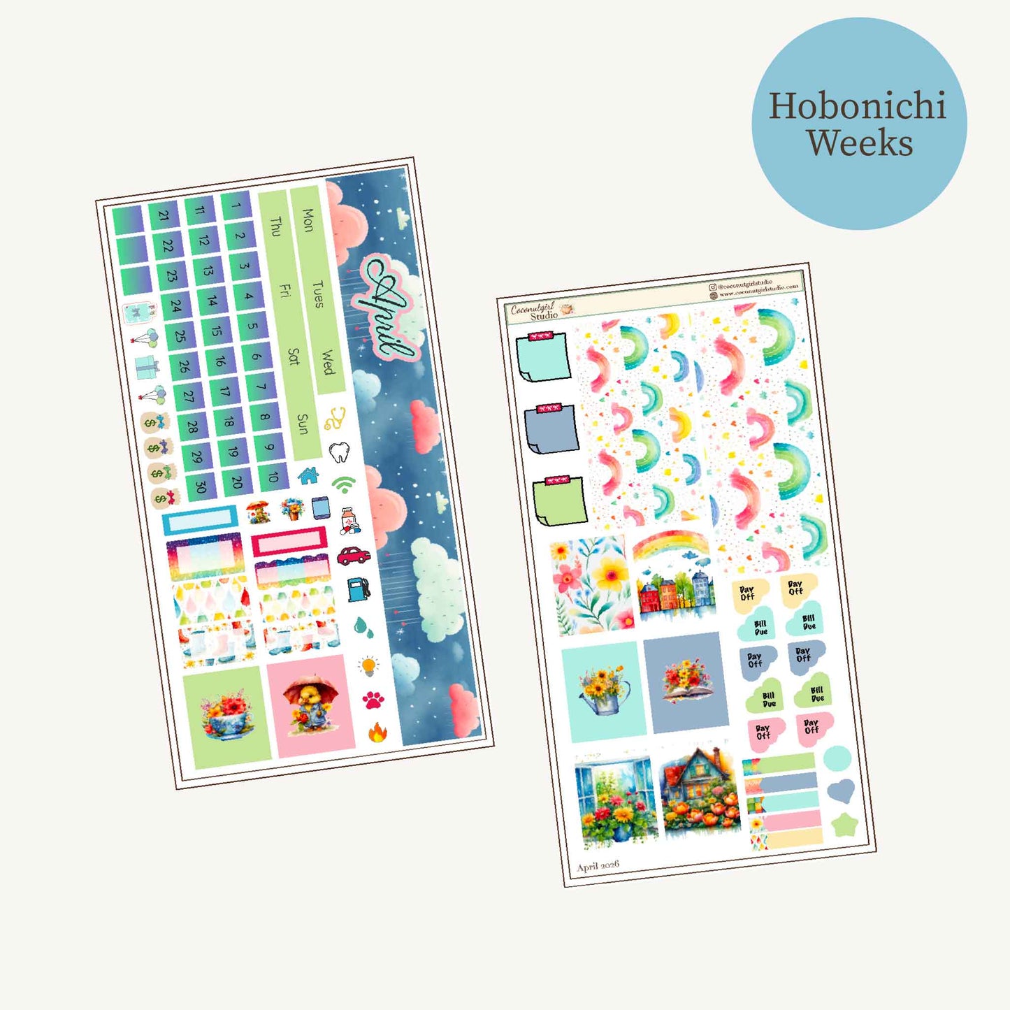 April Monthly Overview Sticker Kit | Spring Rainbows Planner Stickers | Cloud & Rain Weekly Header Kit | EC Vertical Monthly Kit | April Planner Stickers