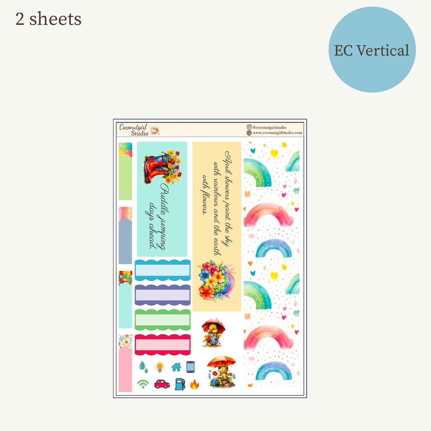April Monthly Overview Sticker Kit | Spring Rainbows Planner Stickers | Cloud & Rain Weekly Header Kit | EC Vertical Monthly Kit | April Planner Stickers