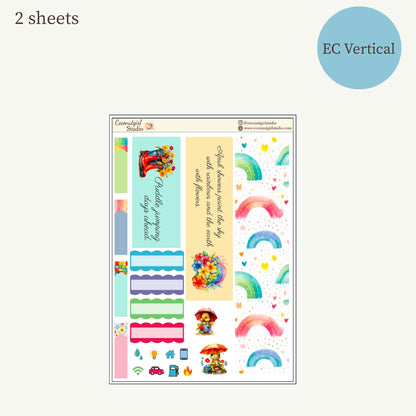 April Monthly Overview Sticker Kit | Spring Rainbows Planner Stickers | Cloud & Rain Weekly Header Kit | EC Vertical Monthly Kit | April Planner Stickers