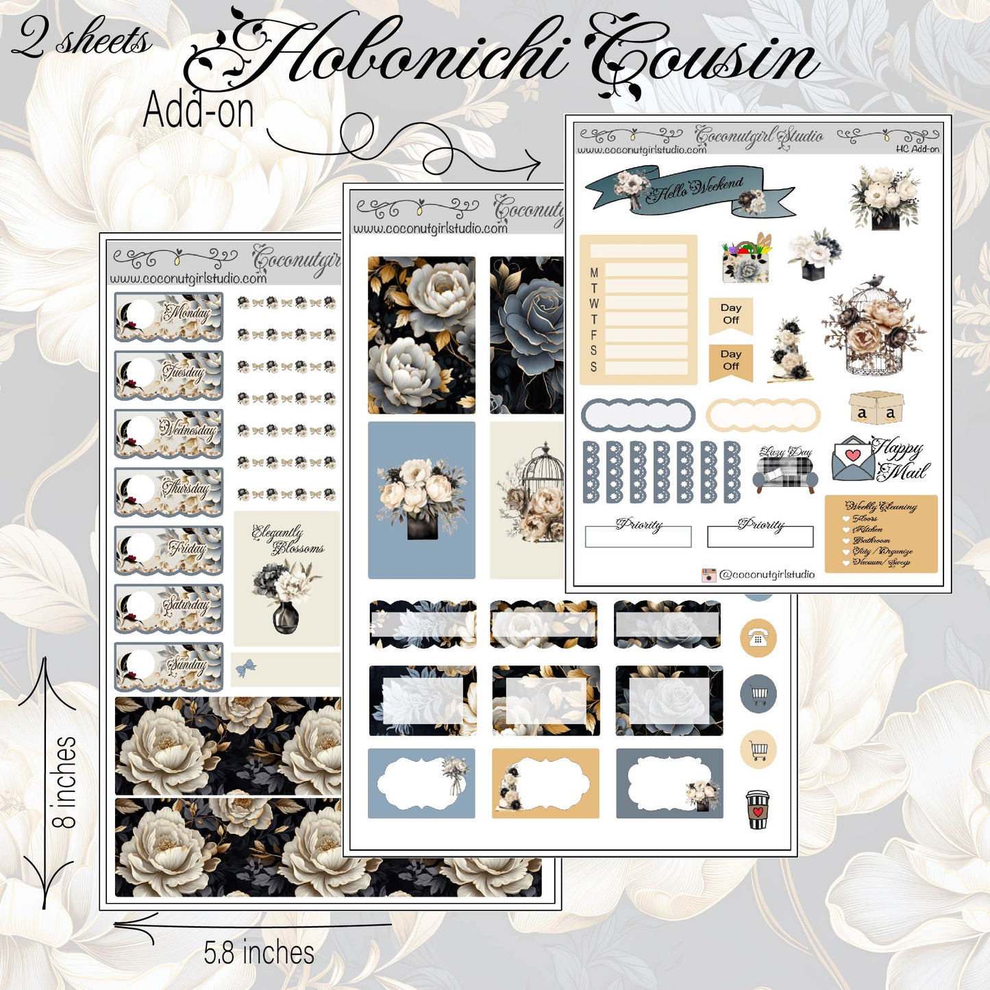 Dark Grey & White Roses Weekly Kit Planner Stickers | Elegant Floral Planning Blossoming Elegantly