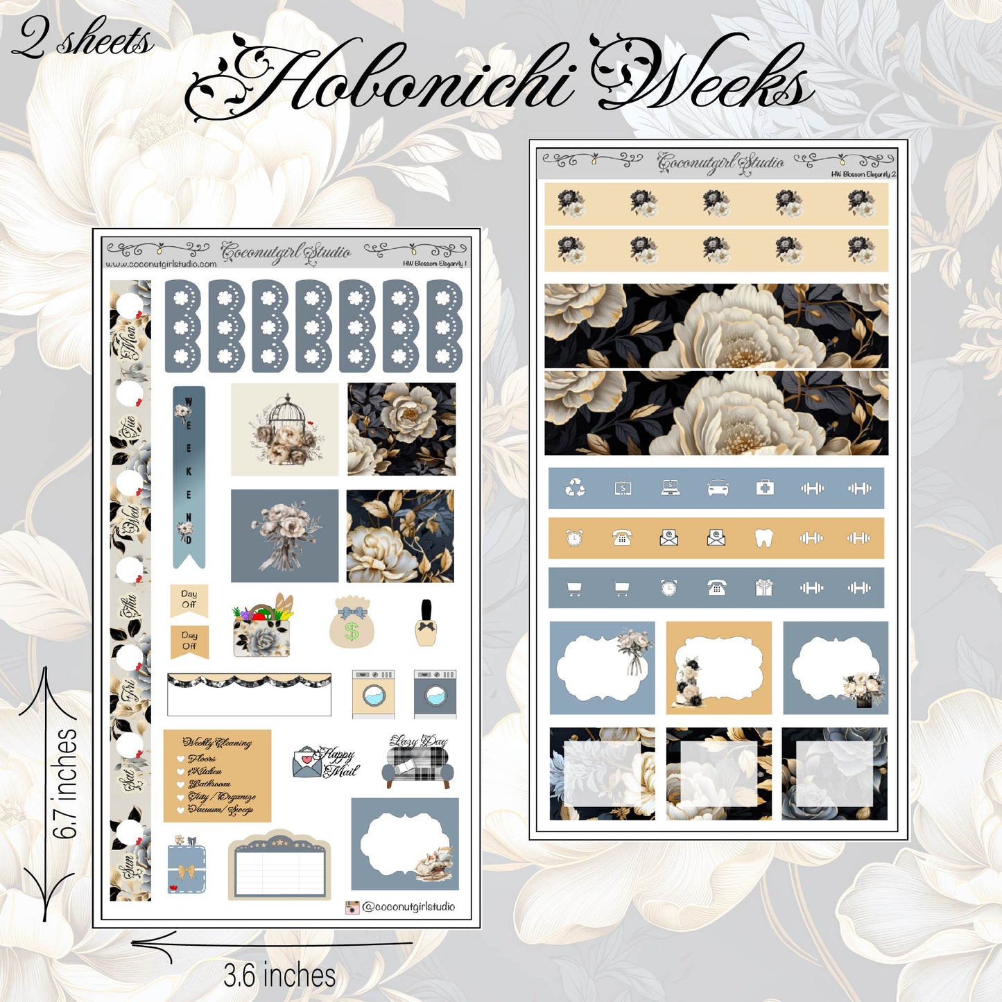 Dark Grey & White Roses Weekly Kit Planner Stickers | Elegant Floral Planning