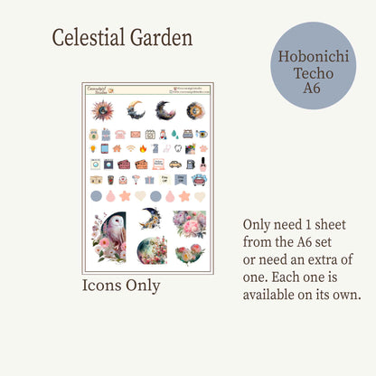 Celestial Garden Planner Sticker Kit | Moon & Floral Weekly Kit | Dark Academia Celestial Stickers | Functional Planner Stickers | 3 Sheet Kit | Hobonichi A6