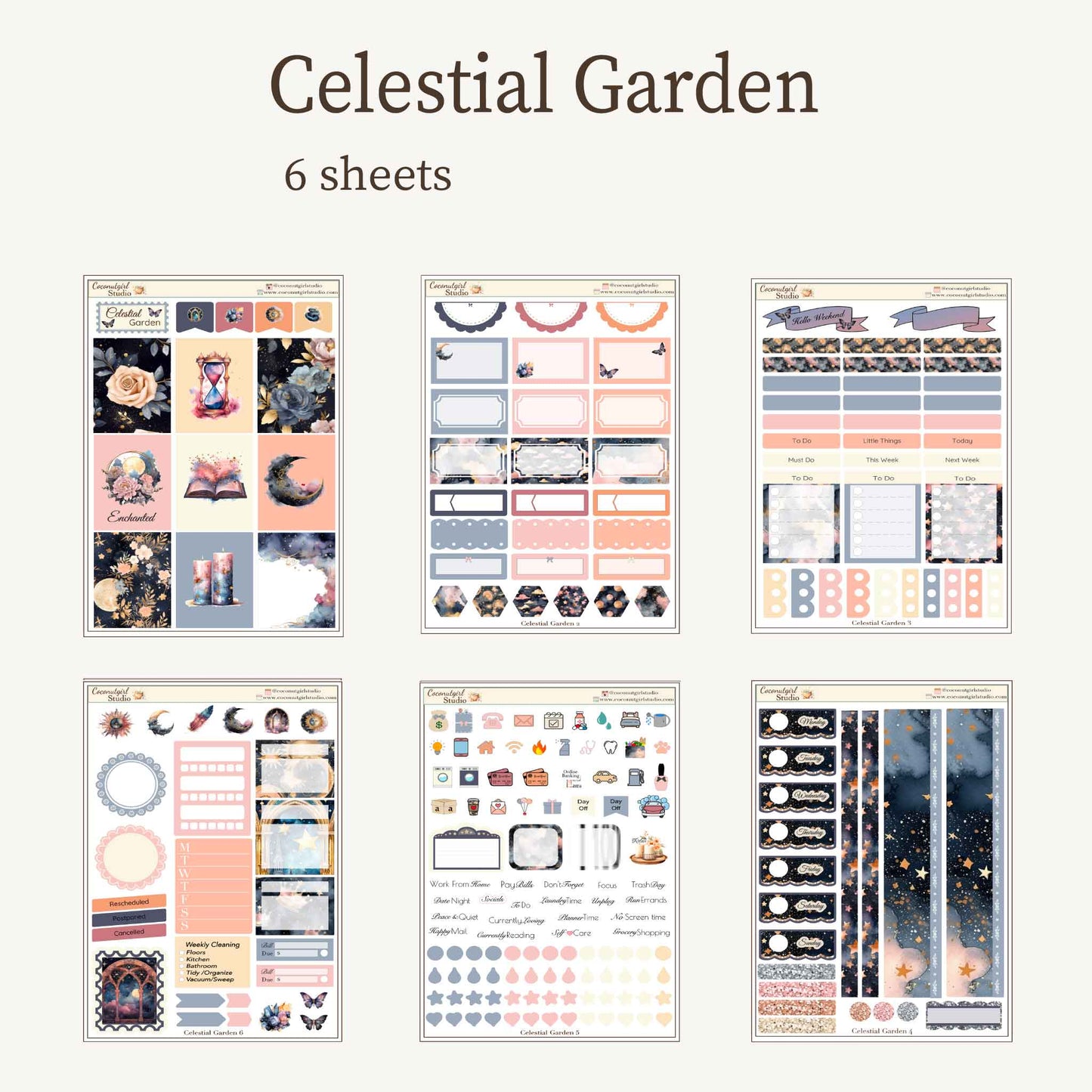 Celestial Garden Planner Sticker Kit | Moon & Floral Weekly Kit | Dark Academia Celestial Stickers | Functional Planner Stickers | 6 Sheet Kit | Celestial Garden