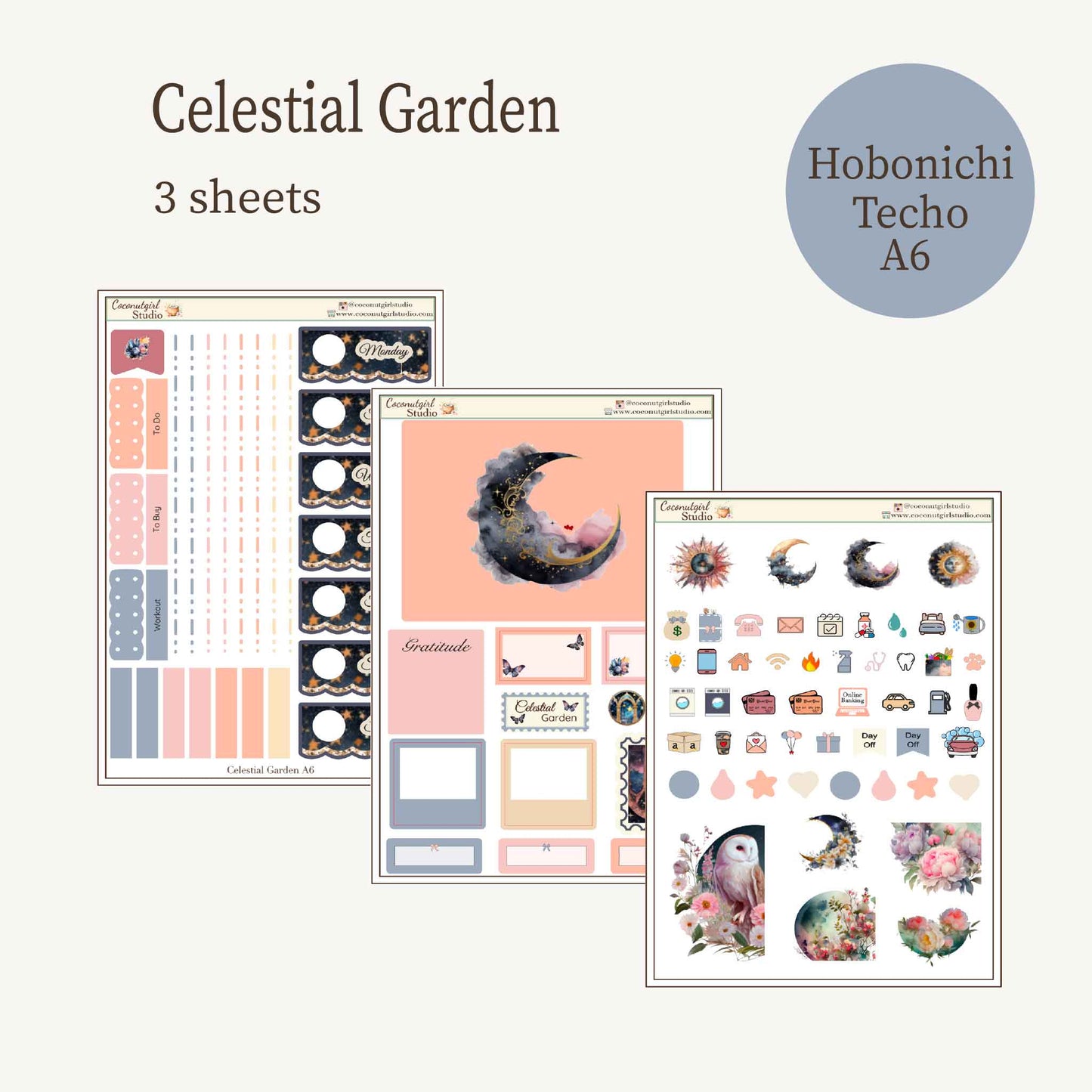 Celestial Garden Planner Sticker Kit | Moon & Floral Weekly Kit | Dark Academia Celestial Stickers | Functional Planner Stickers | 3 Sheet Kit | Hobonichi A6