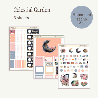 Celestial Garden Planner Sticker Kit | Moon & Floral Weekly Kit | Dark Academia Celestial Stickers | Functional Planner Stickers | 3 Sheet Kit | Hobonichi A6