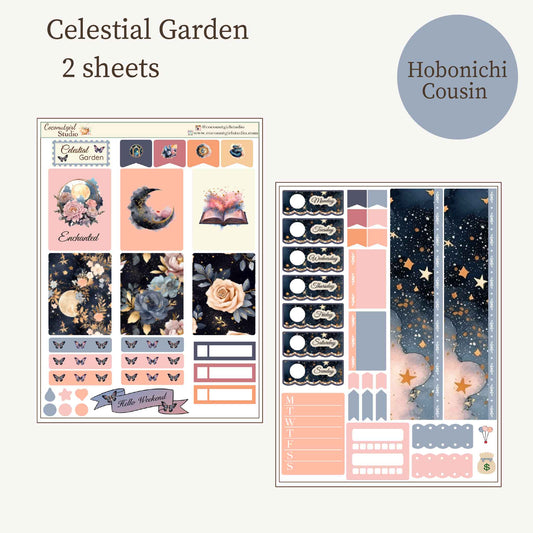 Celestial Garden Planner Sticker Kit | Moon & Floral Weekly Kit | Dark Academia Celestial Stickers | Functional Planner Stickers | 2 Sheet Kit | Hobonichi Cousin