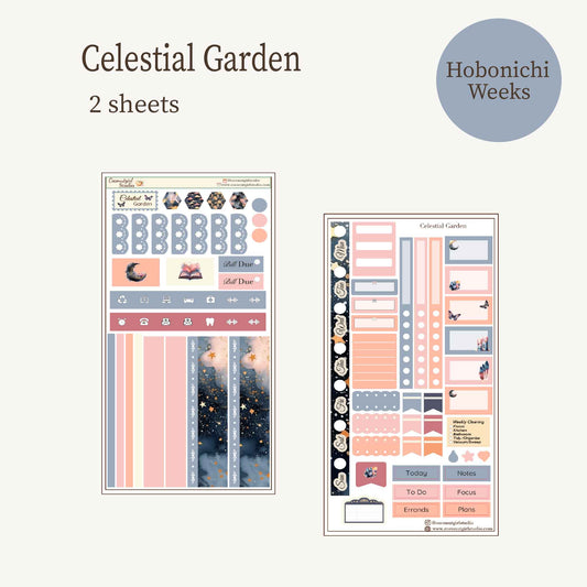 Celestial Garden Planner Sticker Kit | Moon & Floral Weekly Kit | Dark Academia Celestial Stickers | Functional Planner Stickers | 2 Sheet Kit | Hobonichi Weeks