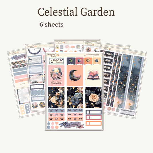 Celestial Garden Planner Sticker Kit | Moon & Floral Weekly Kit | Dark Academia Celestial Stickers | Functional Planner Stickers | 6 Sheet Kit | Celestial Garden