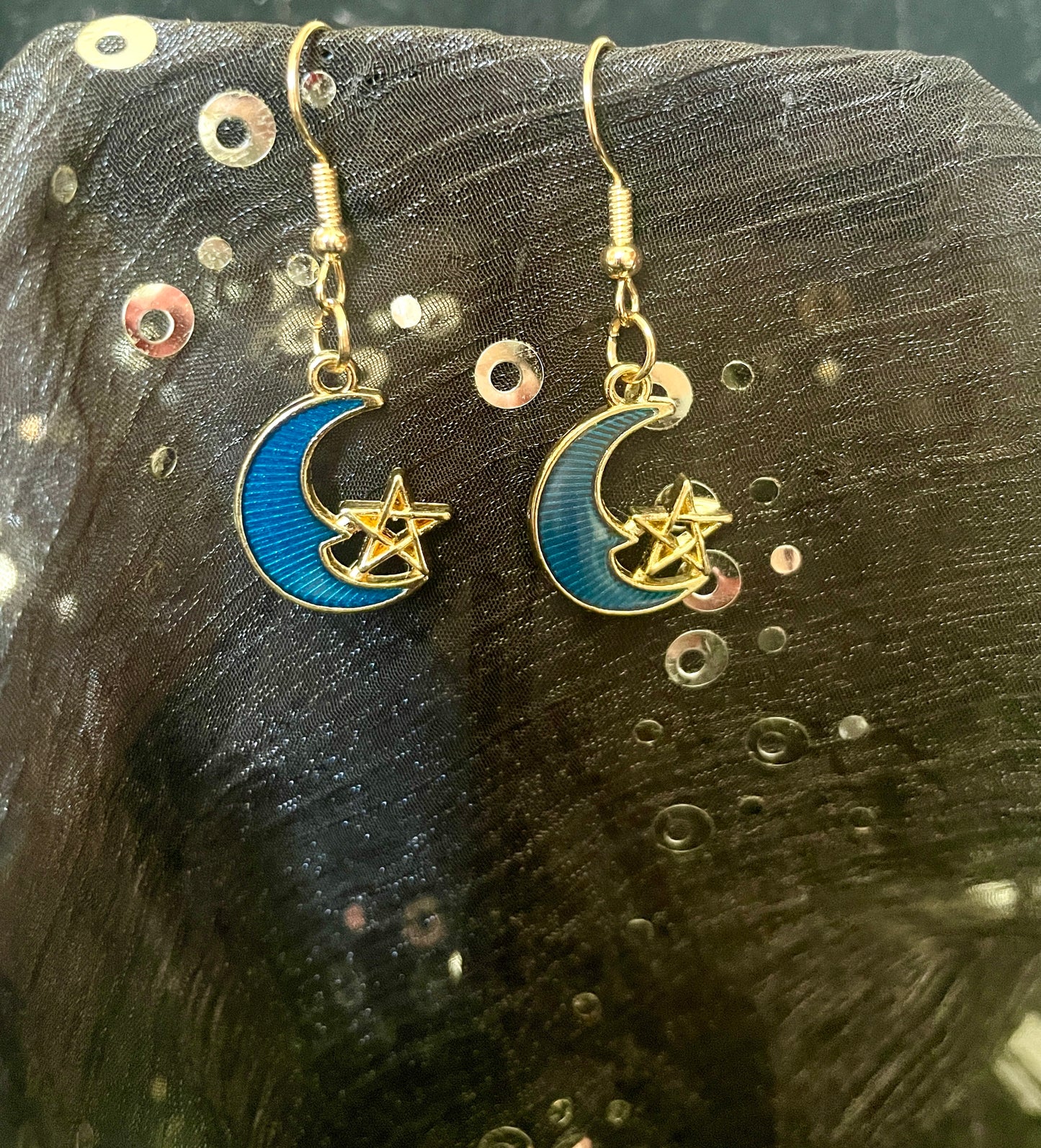 Blue Moon & Star Brass hook earrings