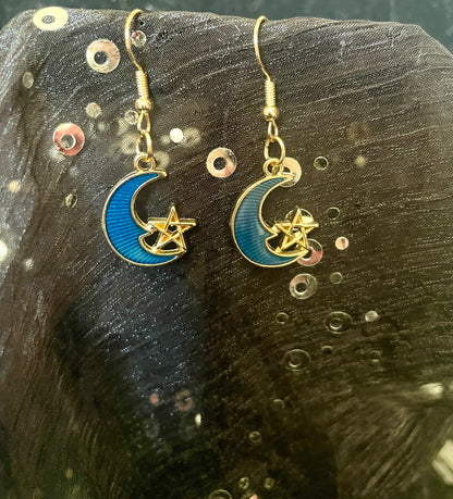 Celestial Blue Moon & Star Brass Hook Earrings – Boho Night Sky Jewelry