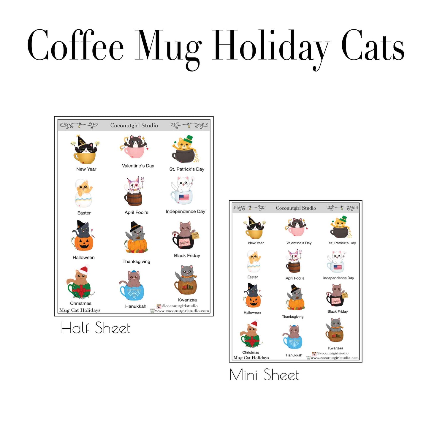 Holiday Coffee Mug Cat Planner Stickers | Hand Drawn Cat Icons | Christmas Halloween Valentine’s Day | Half Sheet Mini