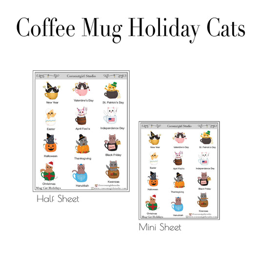 Holiday Coffee Mug Cat Planner Stickers | Hand Drawn Cat Icons | Christmas Halloween Valentine’s Day | Half Sheet Mini