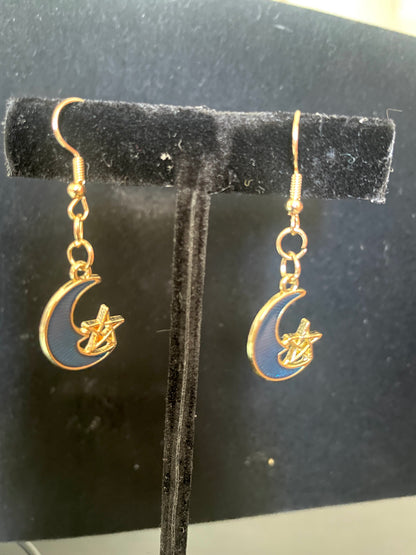 Celestial Blue Moon & Star Brass Hook Earrings – Boho Night Sky Jewelry