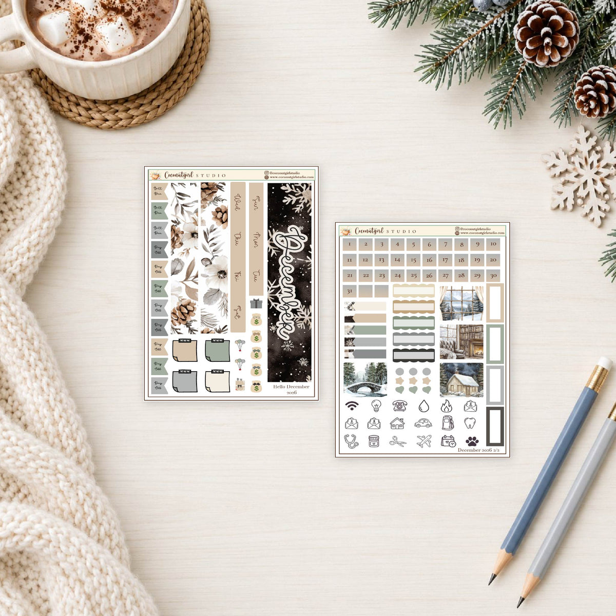 December Monthly Overview Planner Sticker Kit | Cozy Winter & Snowflakes