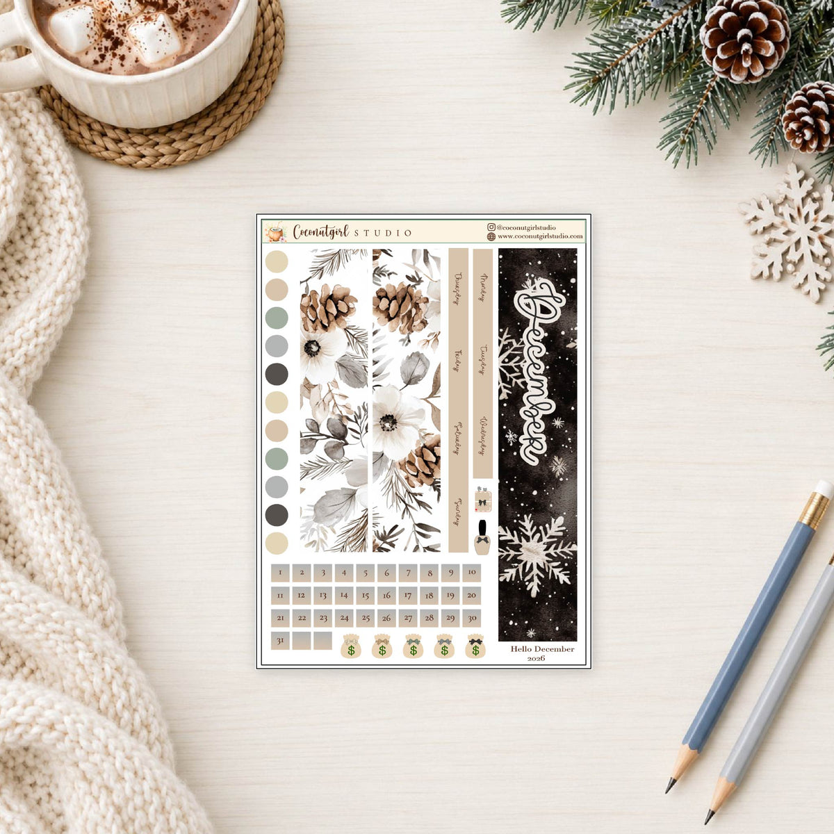 December Monthly Overview Planner Sticker Kit | Cozy Winter & Snowflakes