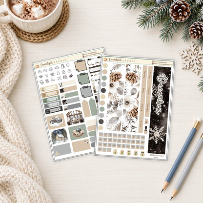 December Monthly Overview Planner Sticker Kit | Cozy Winter & Snowflakes