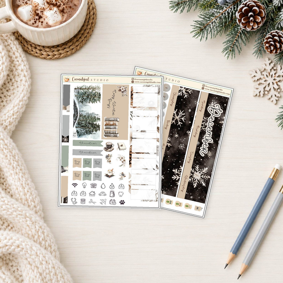 December Monthly Overview Planner Sticker Kit | Cozy Winter & Snowflakes