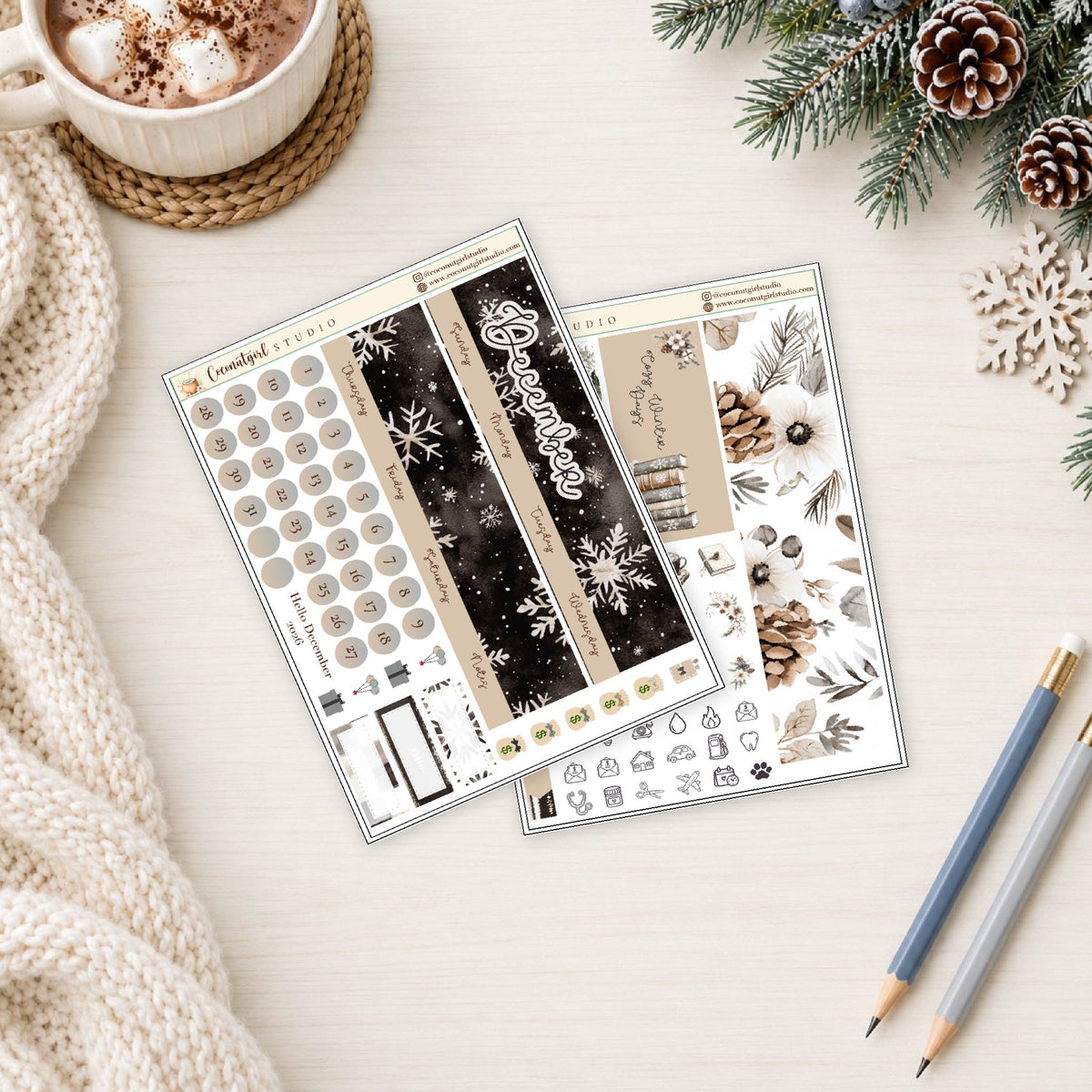 December Monthly Overview Planner Sticker Kit | Cozy Winter & Snowflakes
