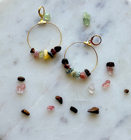 Brass hoop earrings with Autumn colored Rocks