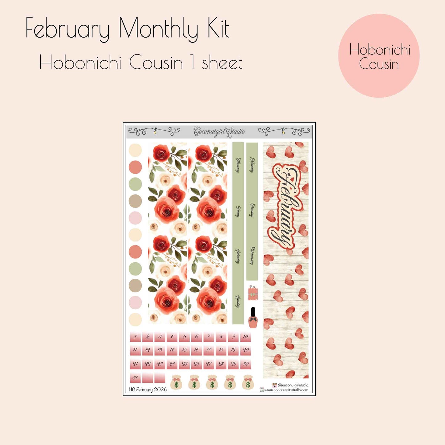 February Monthly Planner Sticker Kit | Red & Pink Valentine Aesthetic