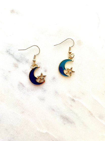 Celestial Blue Moon & Star Brass Hook Earrings – Boho Night Sky Jewelry
