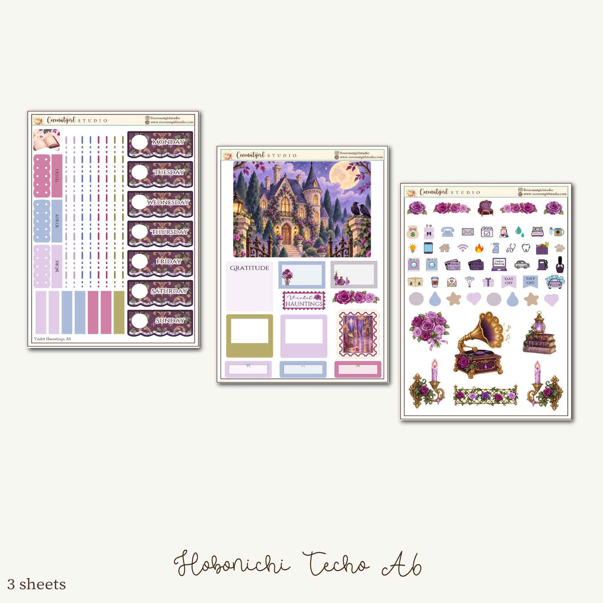 Violet Haunting Gothic Halloween Planner Sticker Kit – Purple Raven and Haunted Mansion | Hobonichi A6