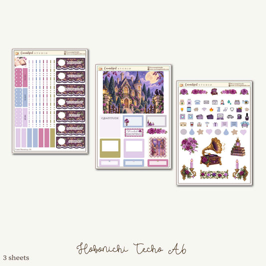 Violet Haunting Gothic Halloween Planner Sticker Kit – Purple Raven and Haunted Mansion | Hobonichi A6