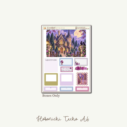 Violet Haunting Gothic Halloween Planner Sticker Kit – Purple Raven and Haunted Mansion | Hobonichi A6