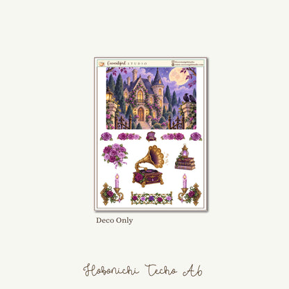 Violet Haunting Gothic Halloween Planner Sticker Kit – Purple Raven and Haunted Mansion | Hobonichi A6