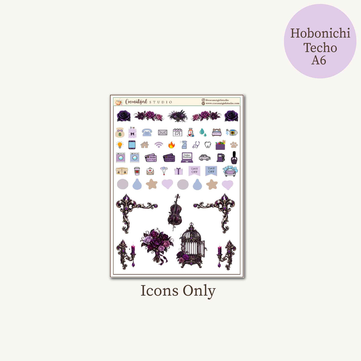 Violet Haunting Gothic Halloween Planner Sticker Kit – Purple Raven and Haunted Mansion | Hobonichi A6