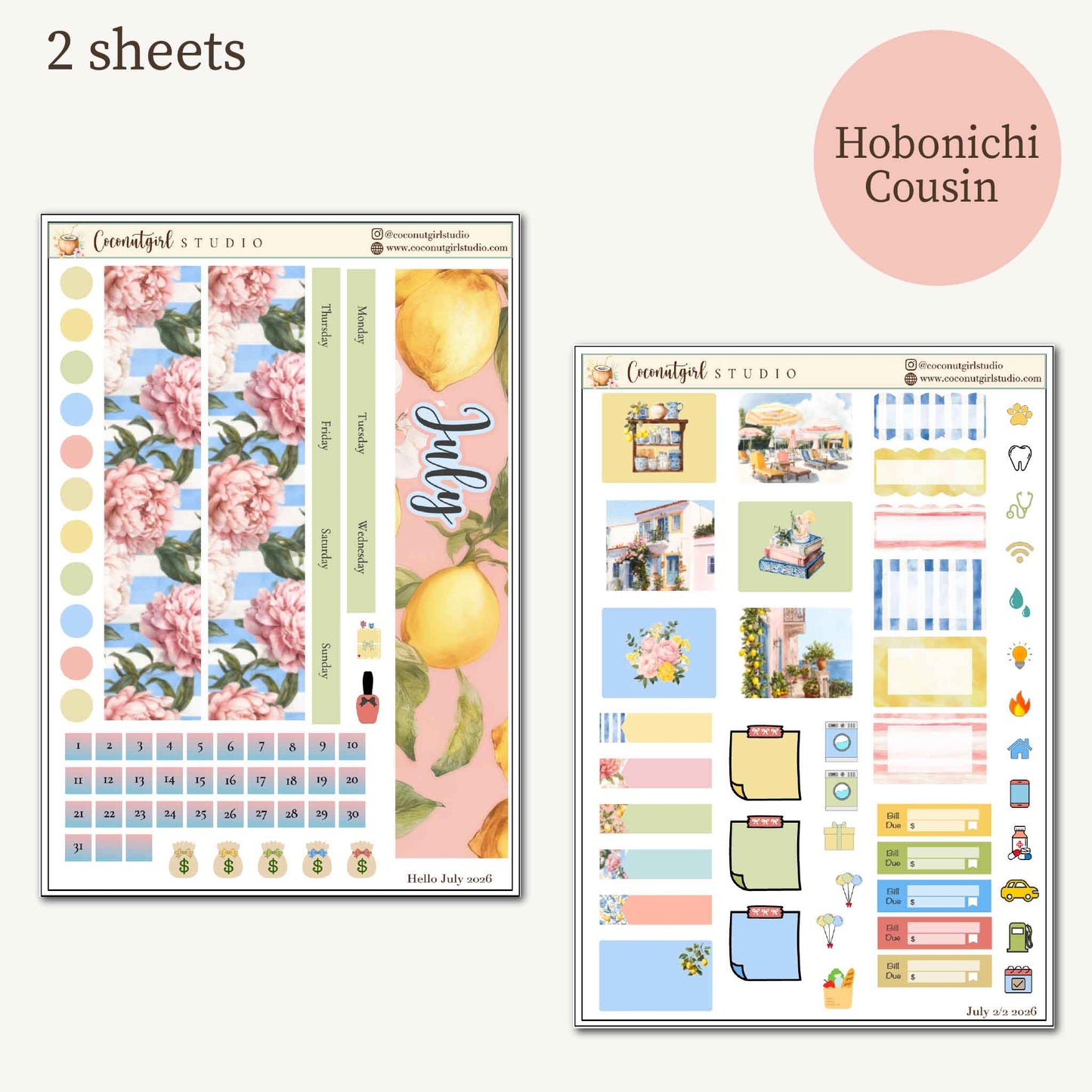 July 2026 Monthly Overview Kit |  Summer Lemon Planner Stickers