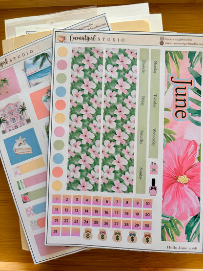 June Monthly Planner Sticker Kit – Tropical Hibiscus Theme