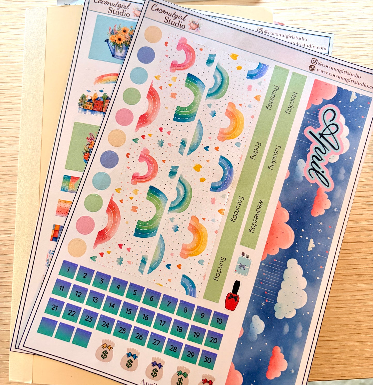 April Monthly Overview Sticker Kit | Spring Rainbows Planner Stickers | Cloud & Rain Weekly Header Kit | EC Vertical Monthly Kit | April Planner Stickers
