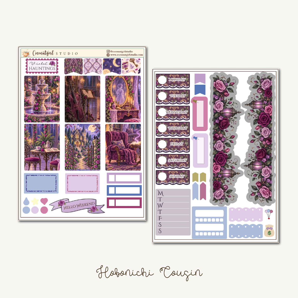Violet Haunting Gothic Halloween Planner Sticker Kit – Purple Raven and Haunted Mansion | Hobonichi Cousin